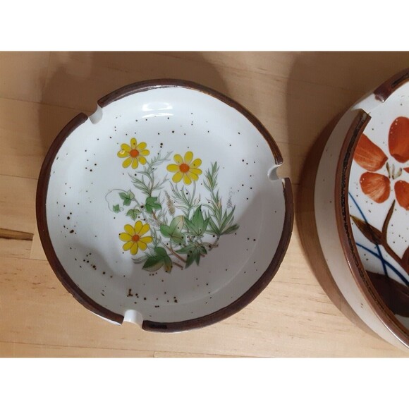 Vtg MCM Otagiri Brown Speckled Stoneware Ashtray Hand Painted Floral Japan Set - Picture 2 of 7
